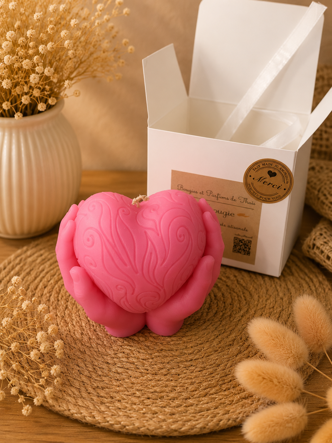 Bougie décorative cœur dans les mains – Cire d’olive artisanale
