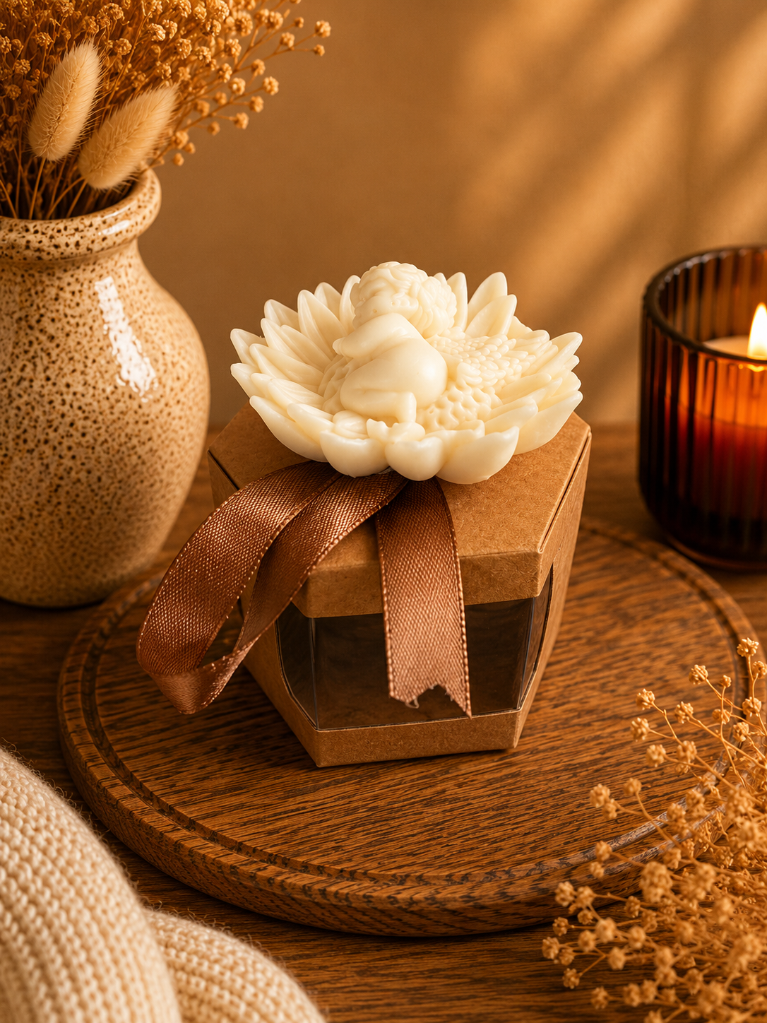 Bougie décorative Ange en cire d’olive – Fabrication artisanale - Rocher praliné