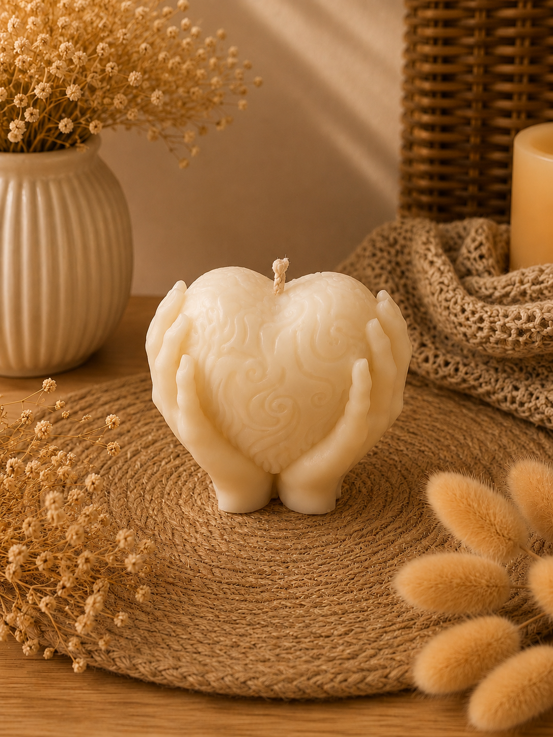 Bougie décorative cœur dans les mains – Cire d’olive artisanale