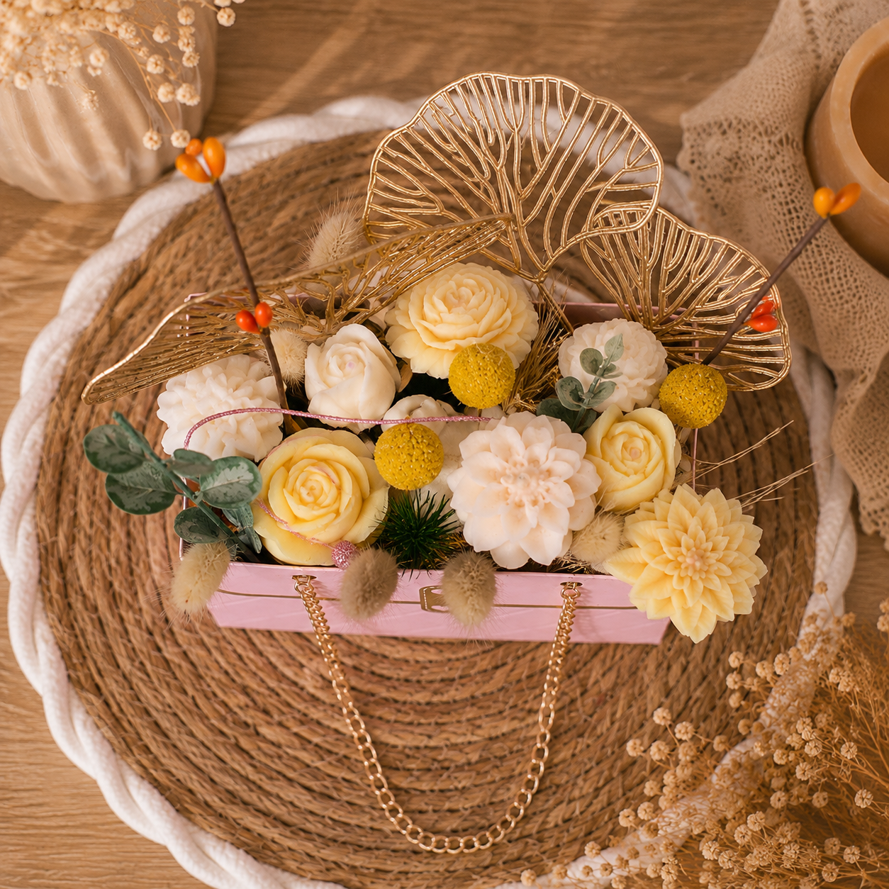 ✨ Bouquet de fleurs en cire parfumée – Bougie artisanale Nectar d’abricot