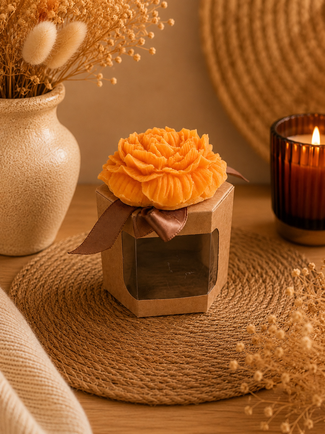 Bougie décorative Rose en cire d’olive – Fabrication artisanale - Délices gourmand