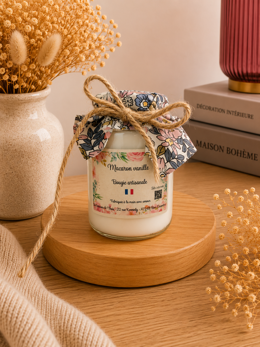 Bougie parfumée artisanale recyclé Macaron vanille 165g – Cire d’olive & Parfums de Grasse