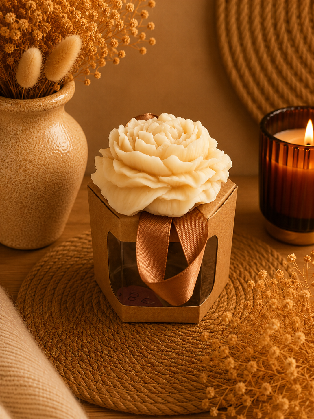 Bougie décorative Rose en cire d’olive – Fabrication artisanale - Rocher praliné