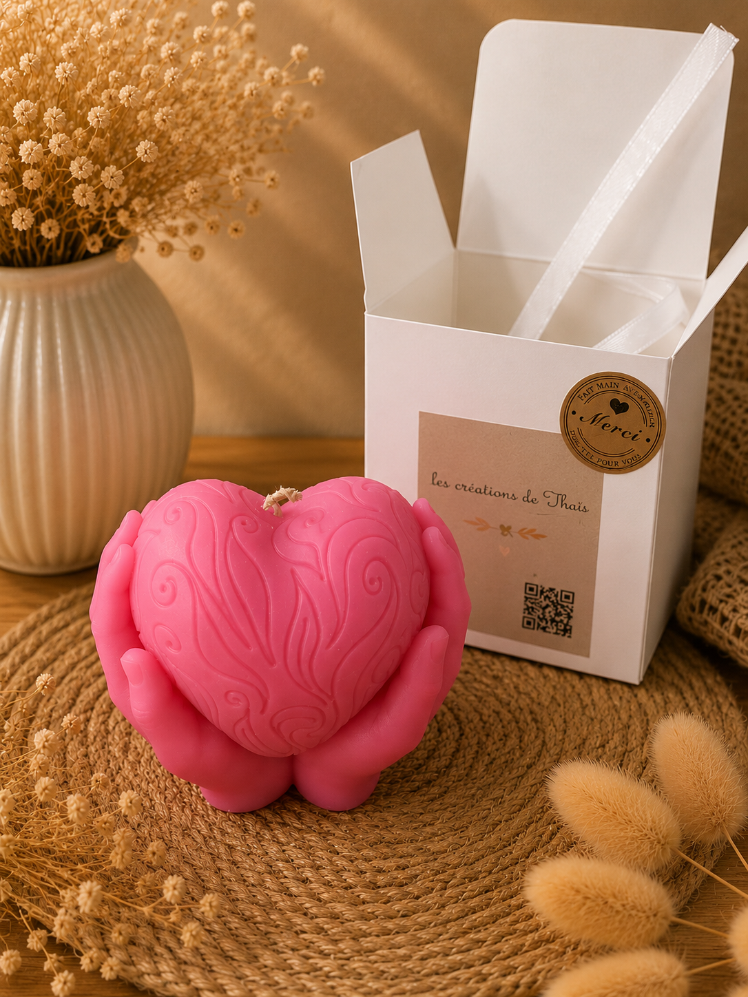 Bougie décorative cœur dans les mains – Cire d’olive artisanale