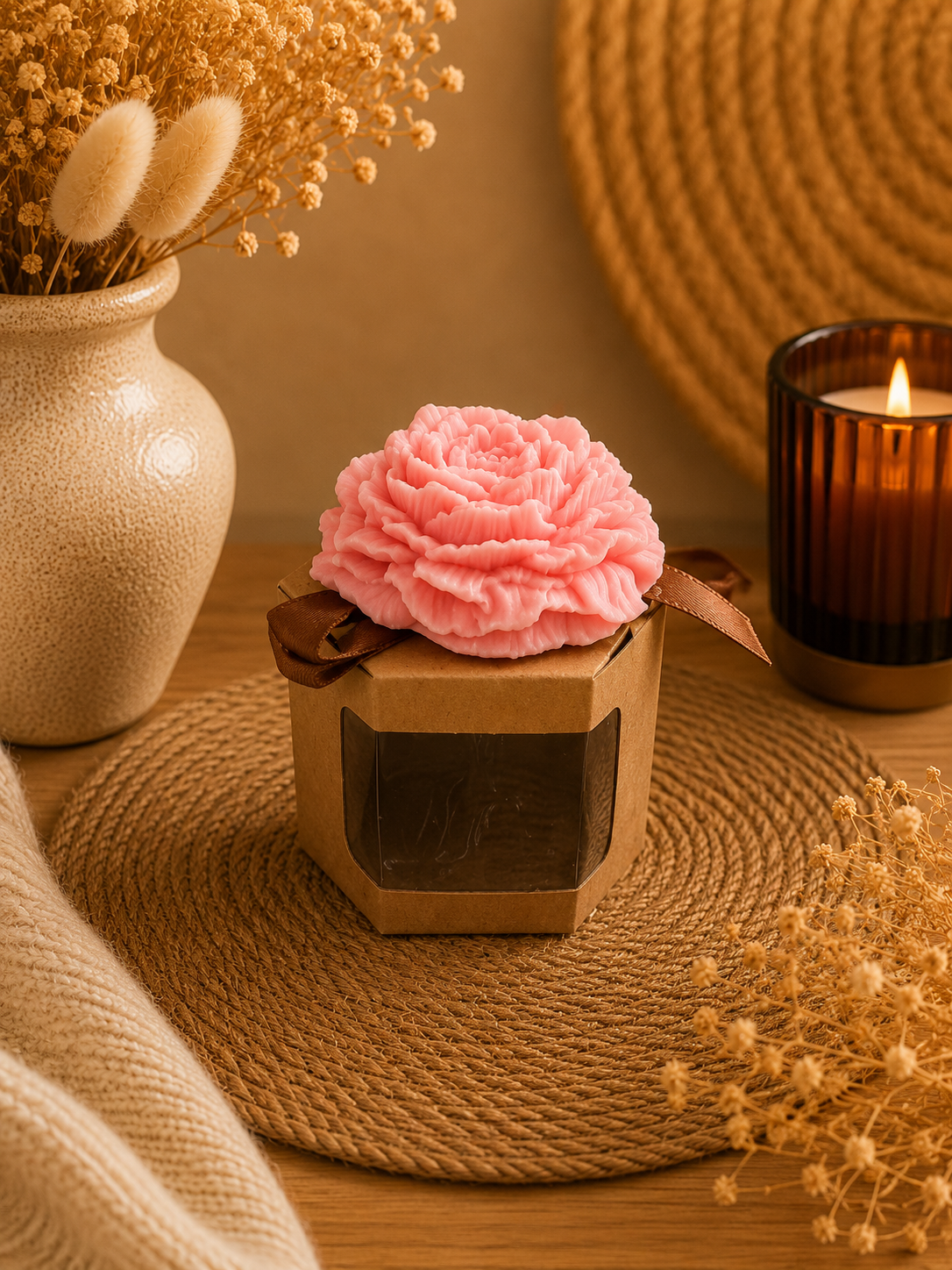 Bougie décorative Rose en cire d’olive – Fabrication artisanale - Sucre d’orge