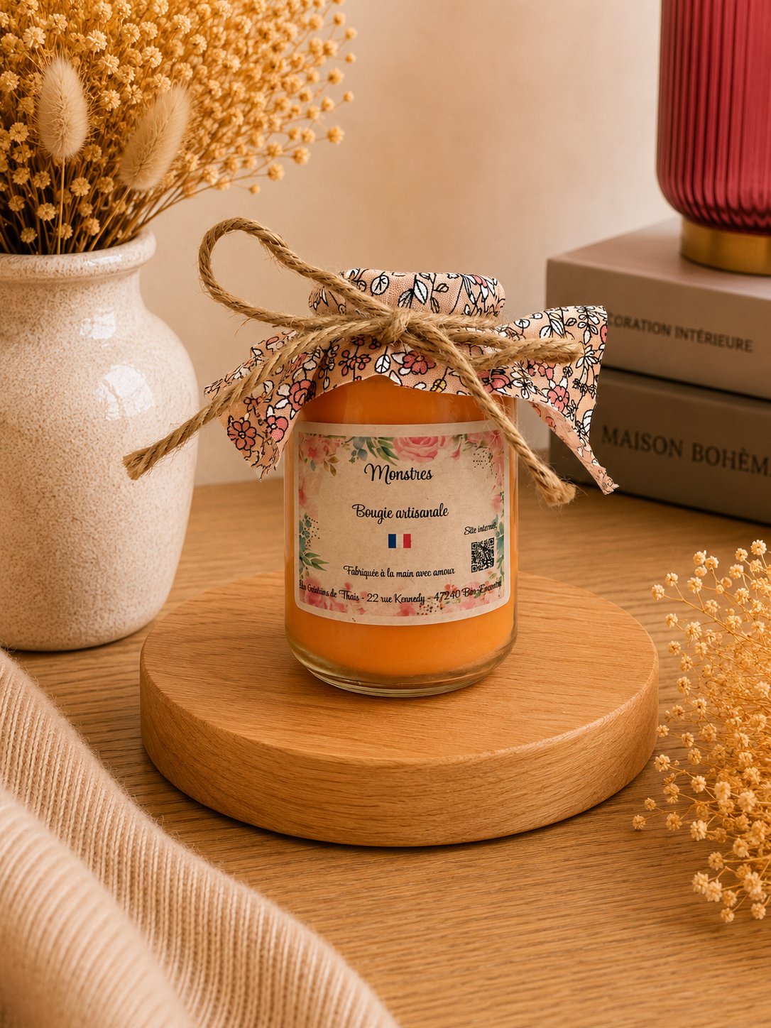 Bougie parfumée artisanale recyclé monstres 165g – Cire d’olive & Parfums de Grasse