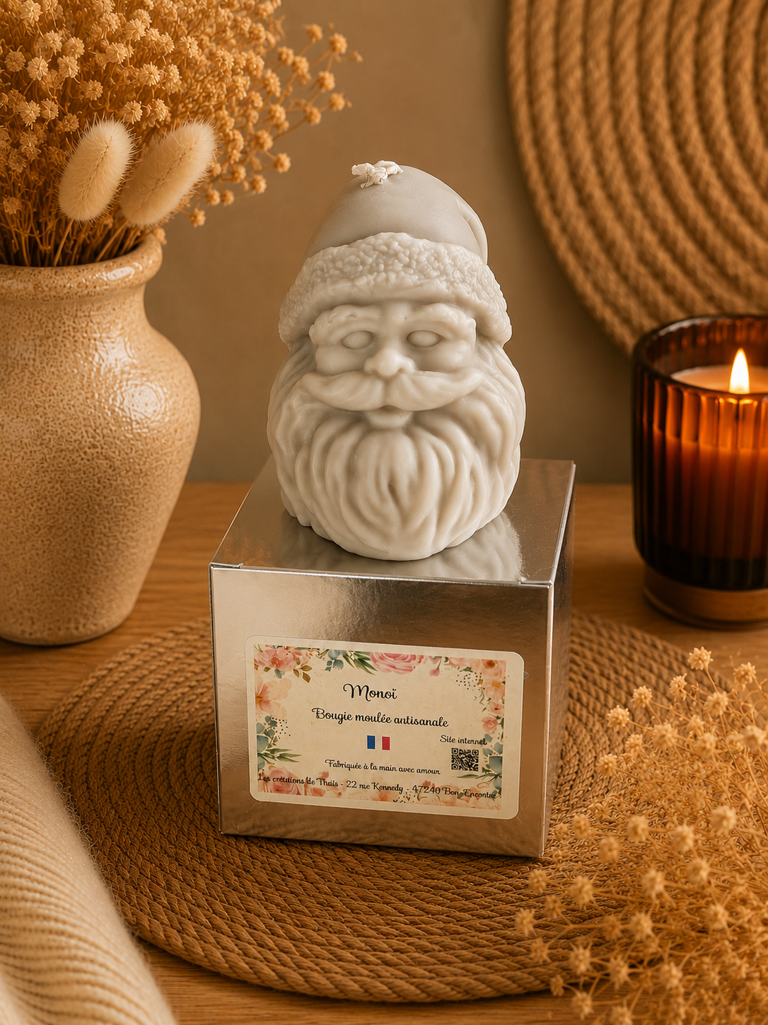 Bougie décorative Père Noël en cire d’olive – Fabrication artisanale - Monoï