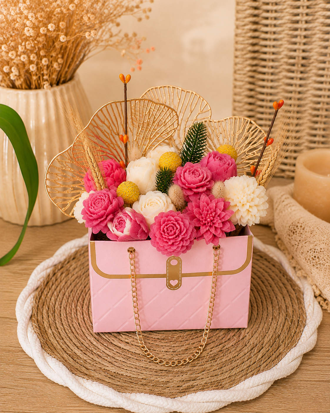 Bouquet de fleurs parfumées en cire – Macaron vanille