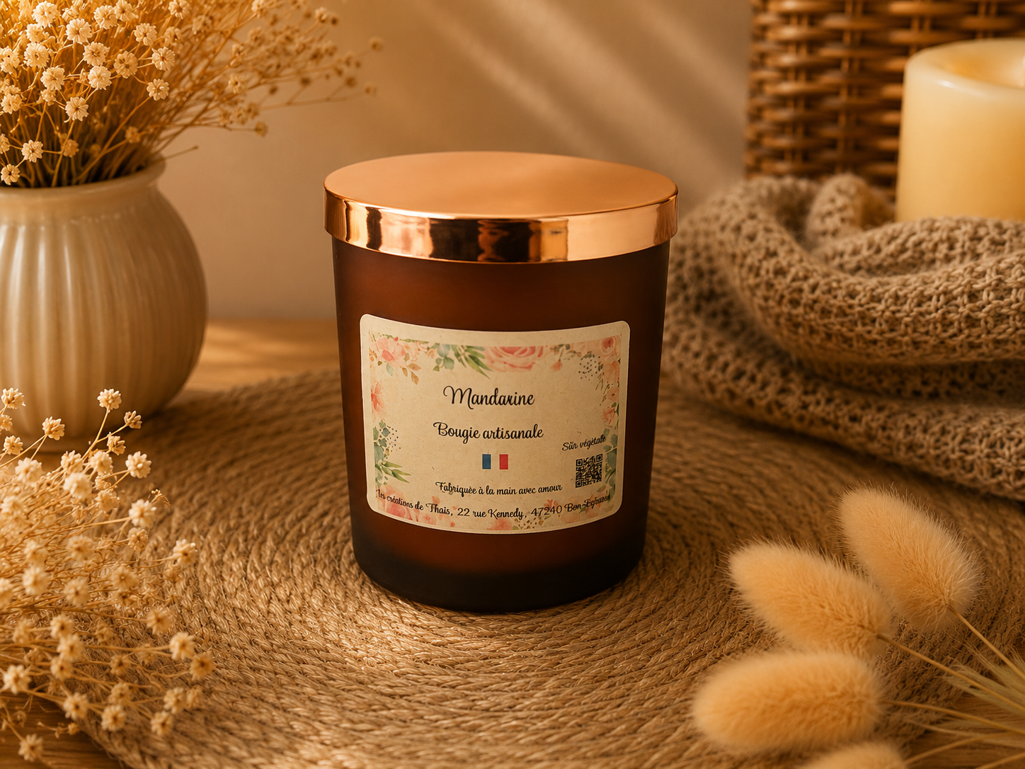Bougie parfumée artisanale personnalisable 250g – Cire d’olive & Parfums de Grasse