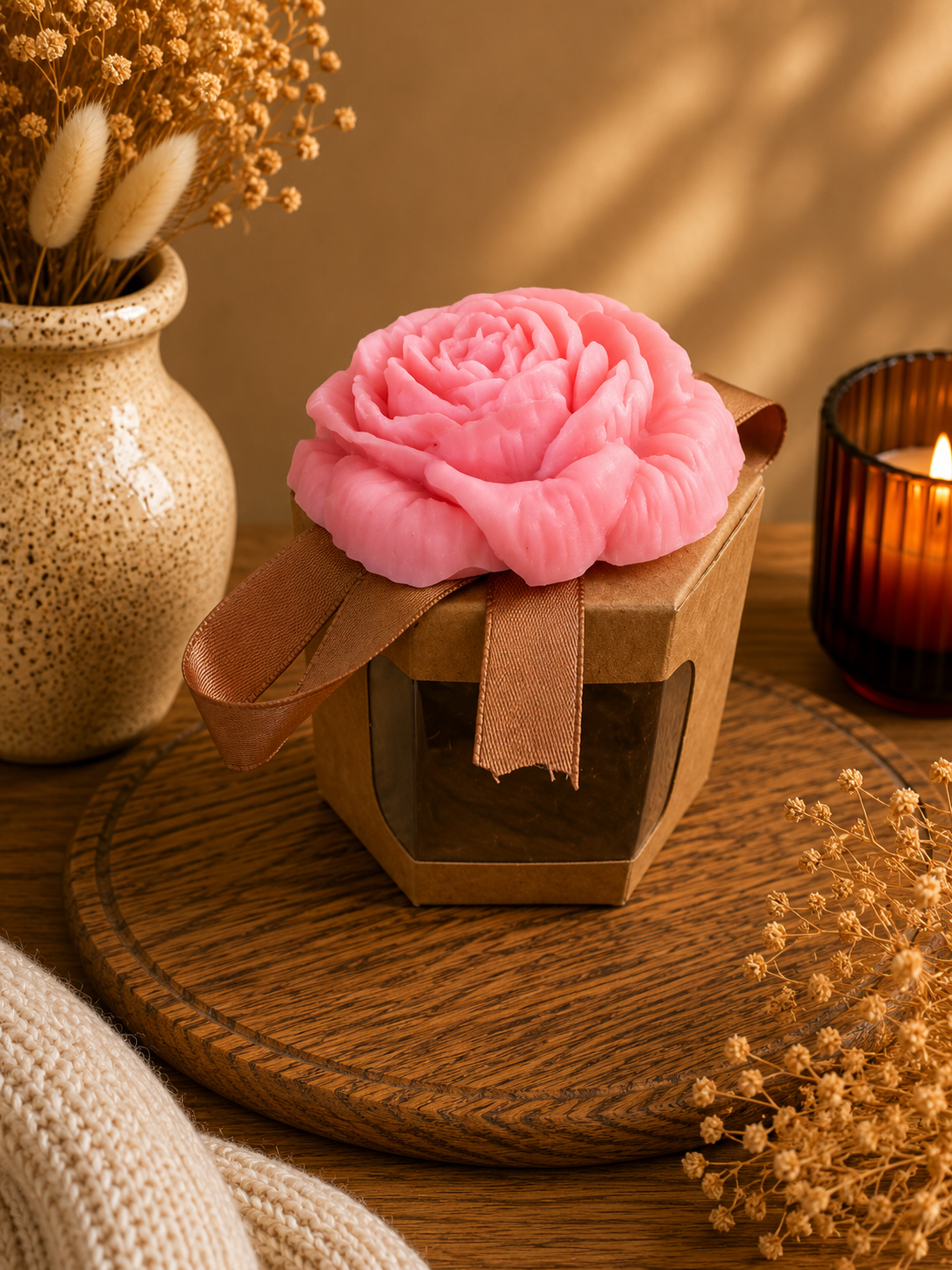 Bougie décorative Pivoine en cire d’olive – Fabrication artisanale - Sucre d’orge