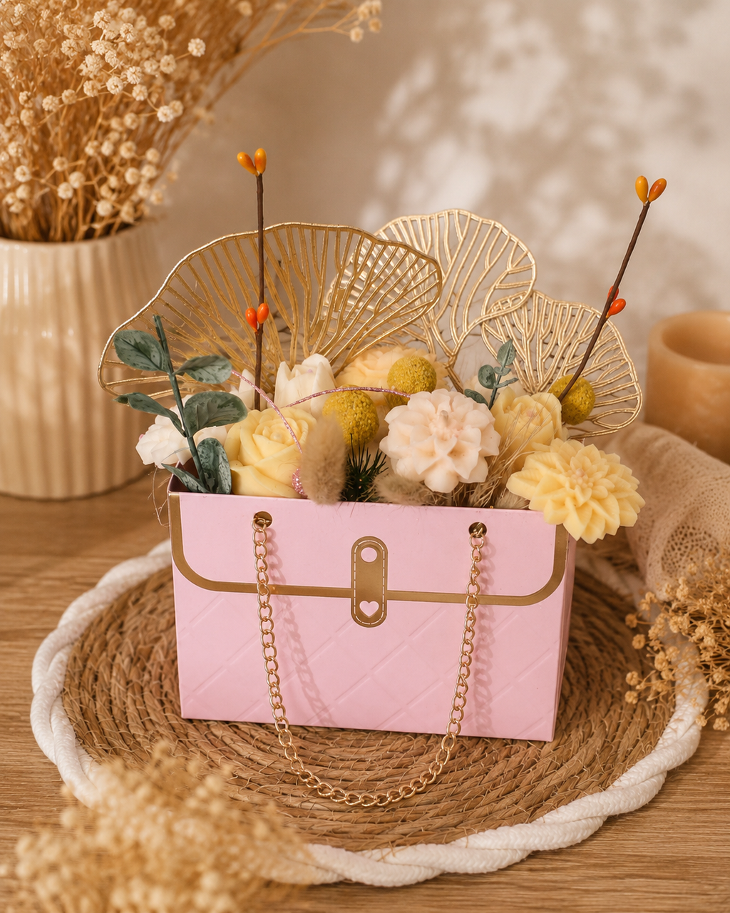 ✨ Bouquet de fleurs en cire parfumée – Bougie artisanale Nectar d’abricot