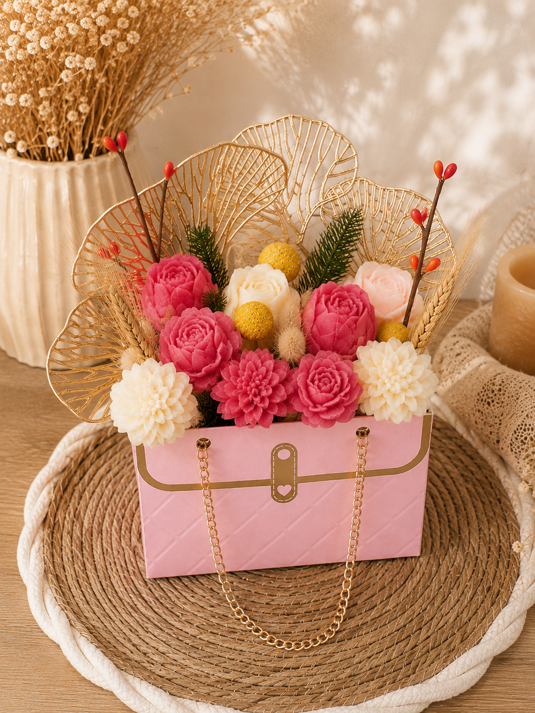 Bouquet de fleurs parfumées en cire – Macaron vanille