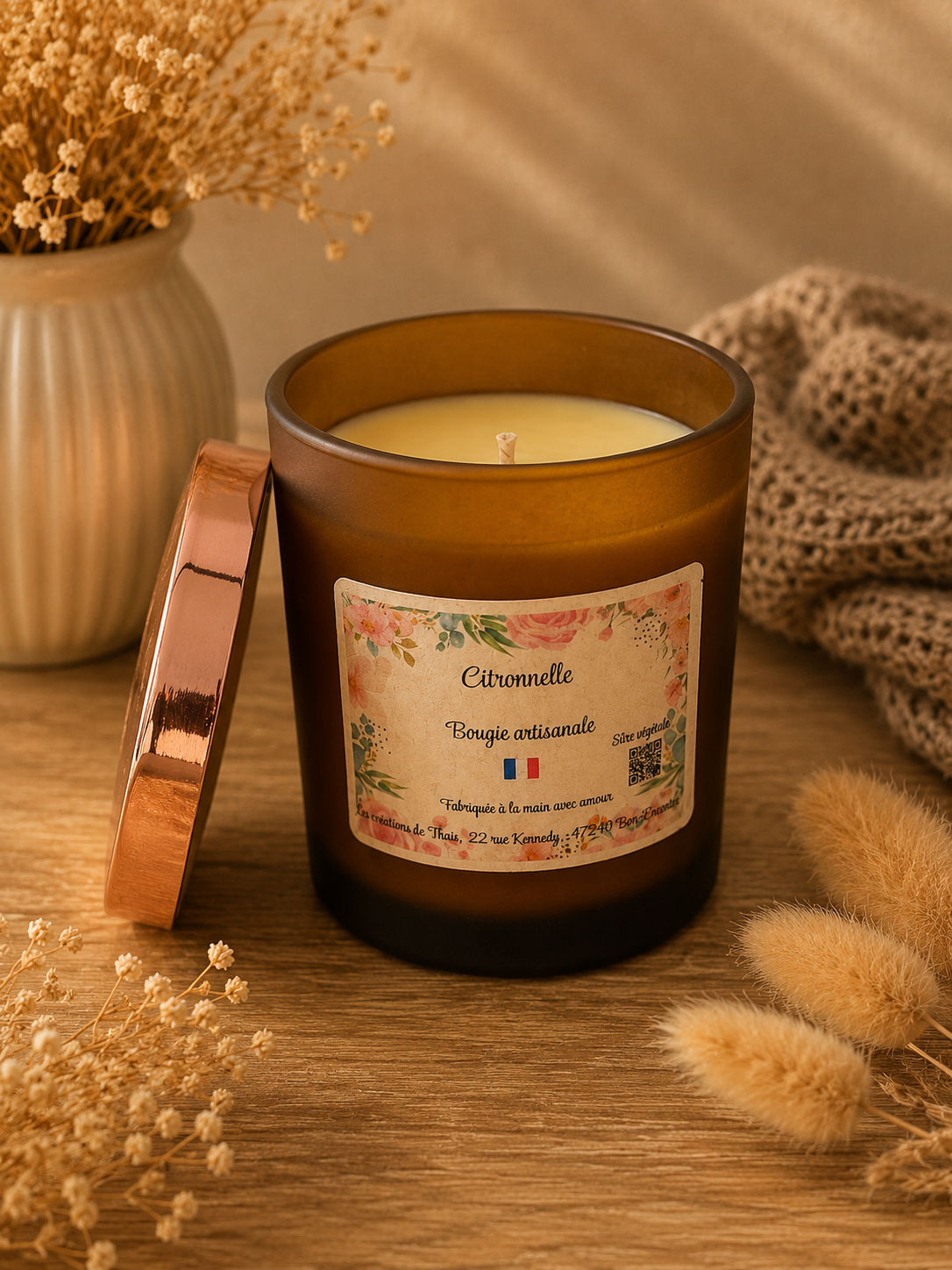 Bougie parfumée artisanale personnalisable 250g – Cire d’olive & Parfums de Grasse