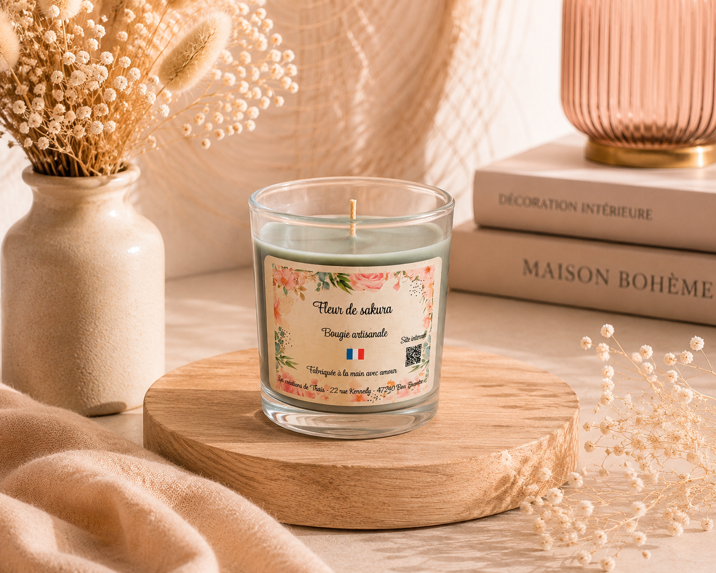 Bougie parfumée Fleur de Sakura 70g – Petite attention artisanale en cire d’olive