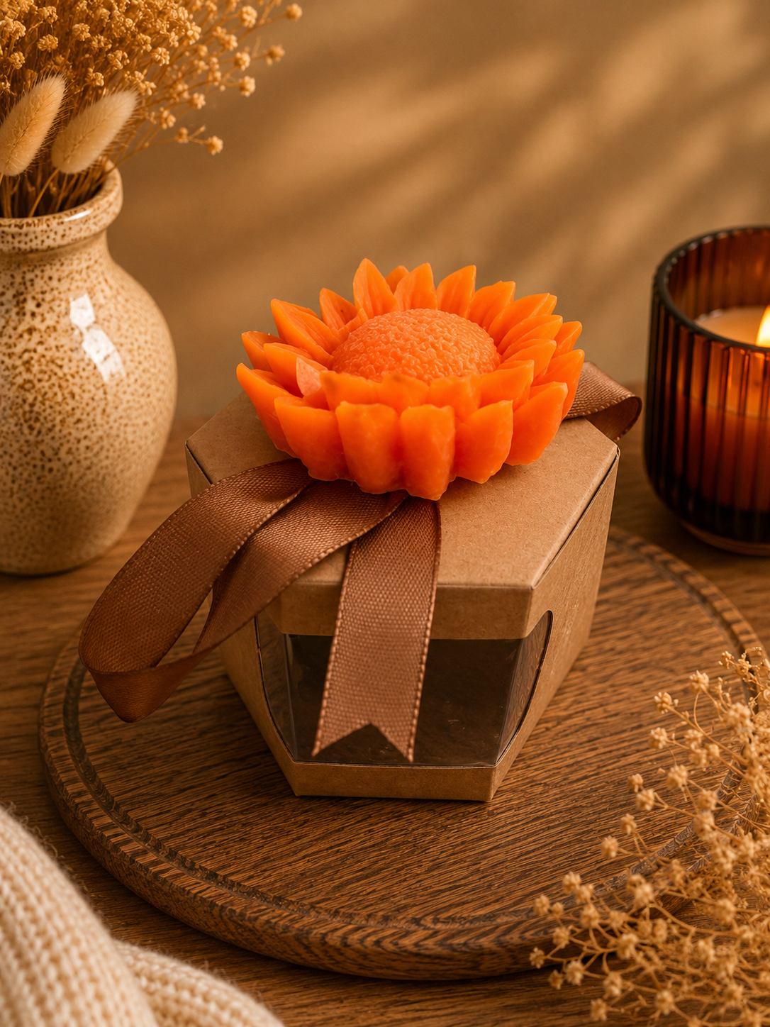 Bougie décorative Tournesol en cire d’olive – Fabrication artisanale - Rocher praliné