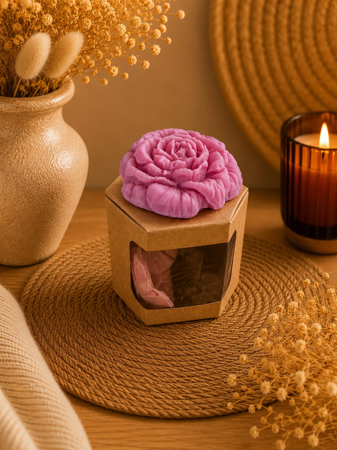 Bougie décorative Pivoine en cire d’olive – Fabrication artisanale - Thé et pain d’épices