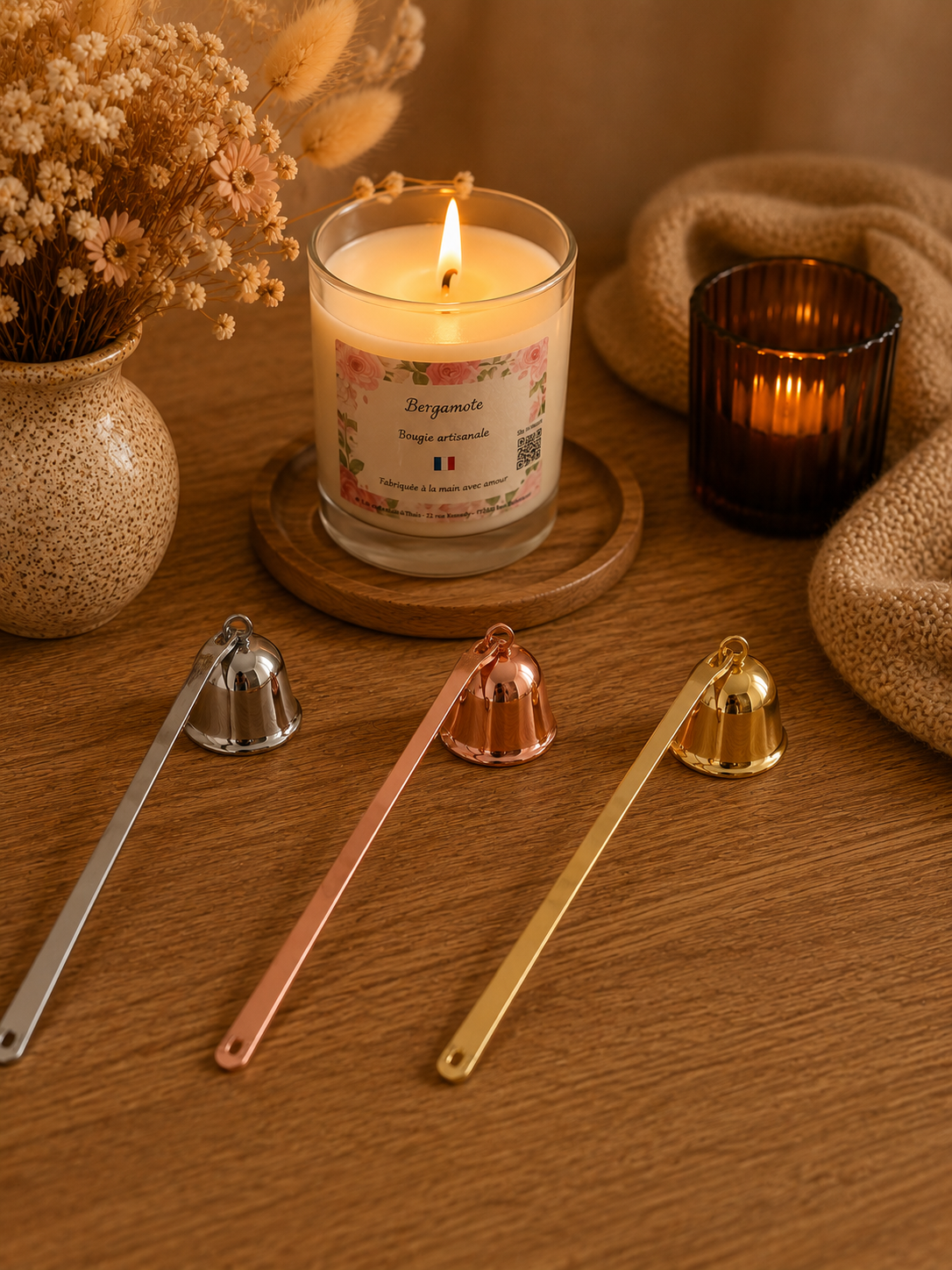 Éteignoir à bougie doré, rose gold ou argent – L’Éclat Précieux | Accessoire bougie chic