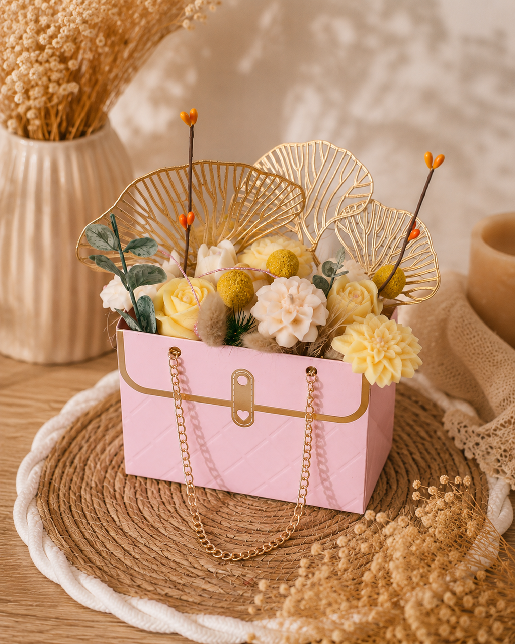 ✨ Bouquet de fleurs en cire parfumée – Bougie artisanale Nectar d’abricot