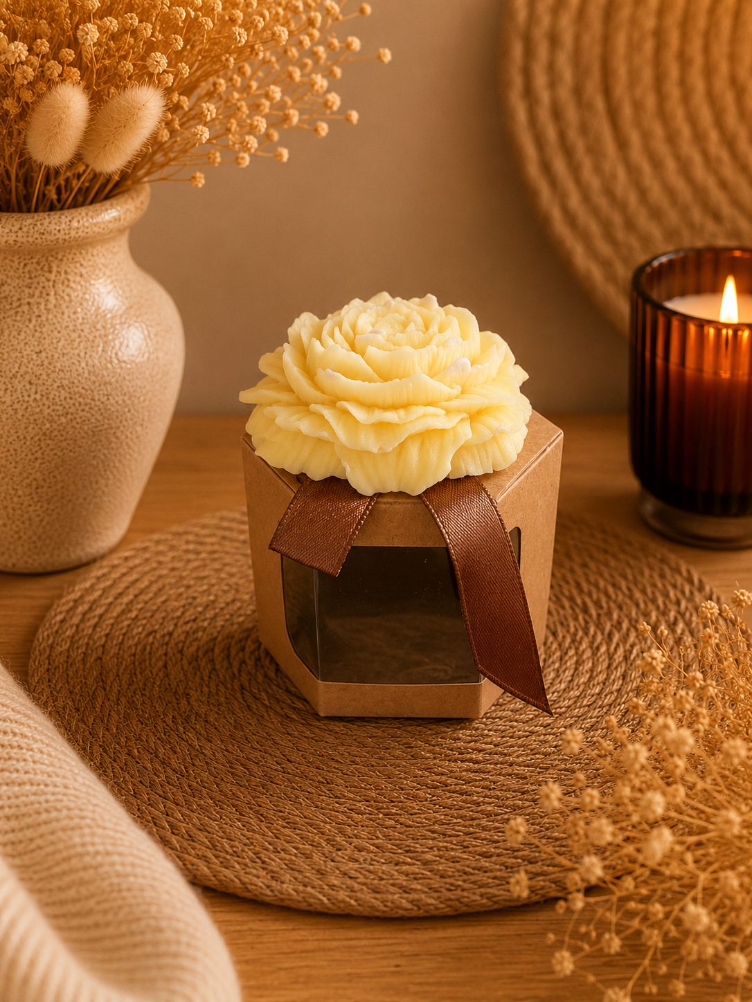 Bougie décorative Rose en cire d’olive – Fabrication artisanale - Sapin de Noël
